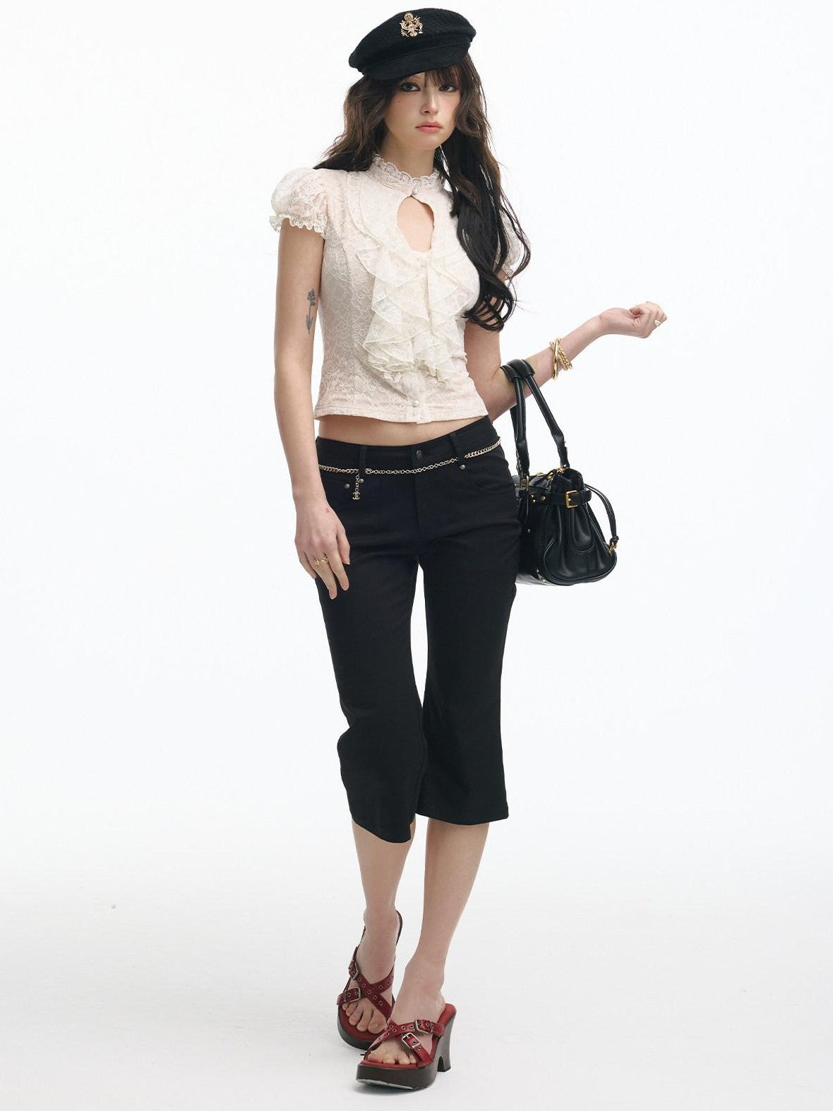 SereneEase Ivory Lace Cutout Ruffle Pleated Stand Collar Women's Slim T-shirts