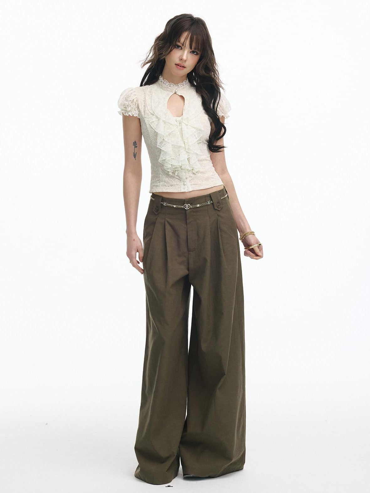 SereneEase Ivory Lace Cutout Ruffle Pleated Stand Collar Women's Slim T-shirts