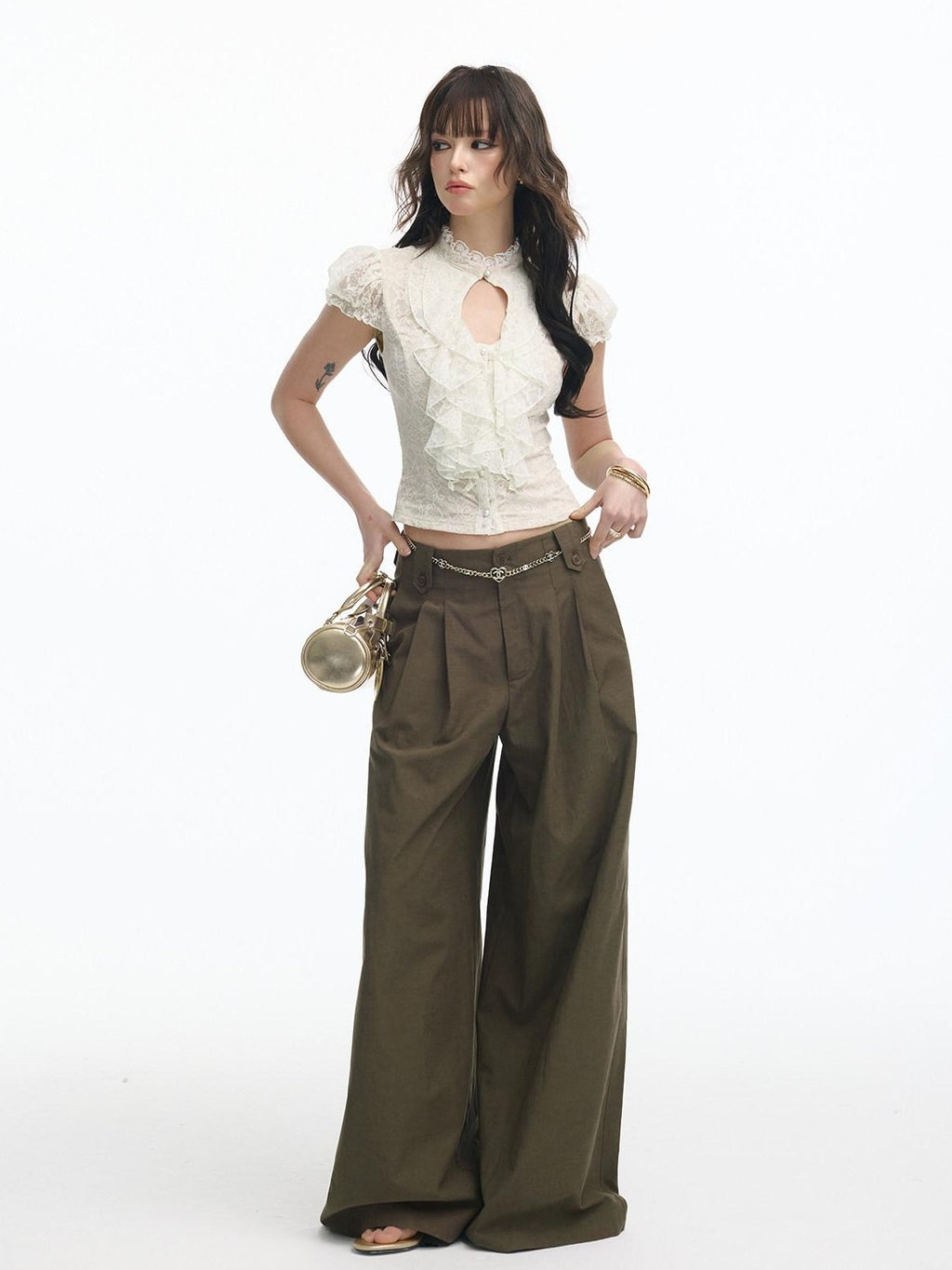 SereneEase Ivory Lace Cutout Ruffle Pleated Stand Collar Women's Slim T-shirts