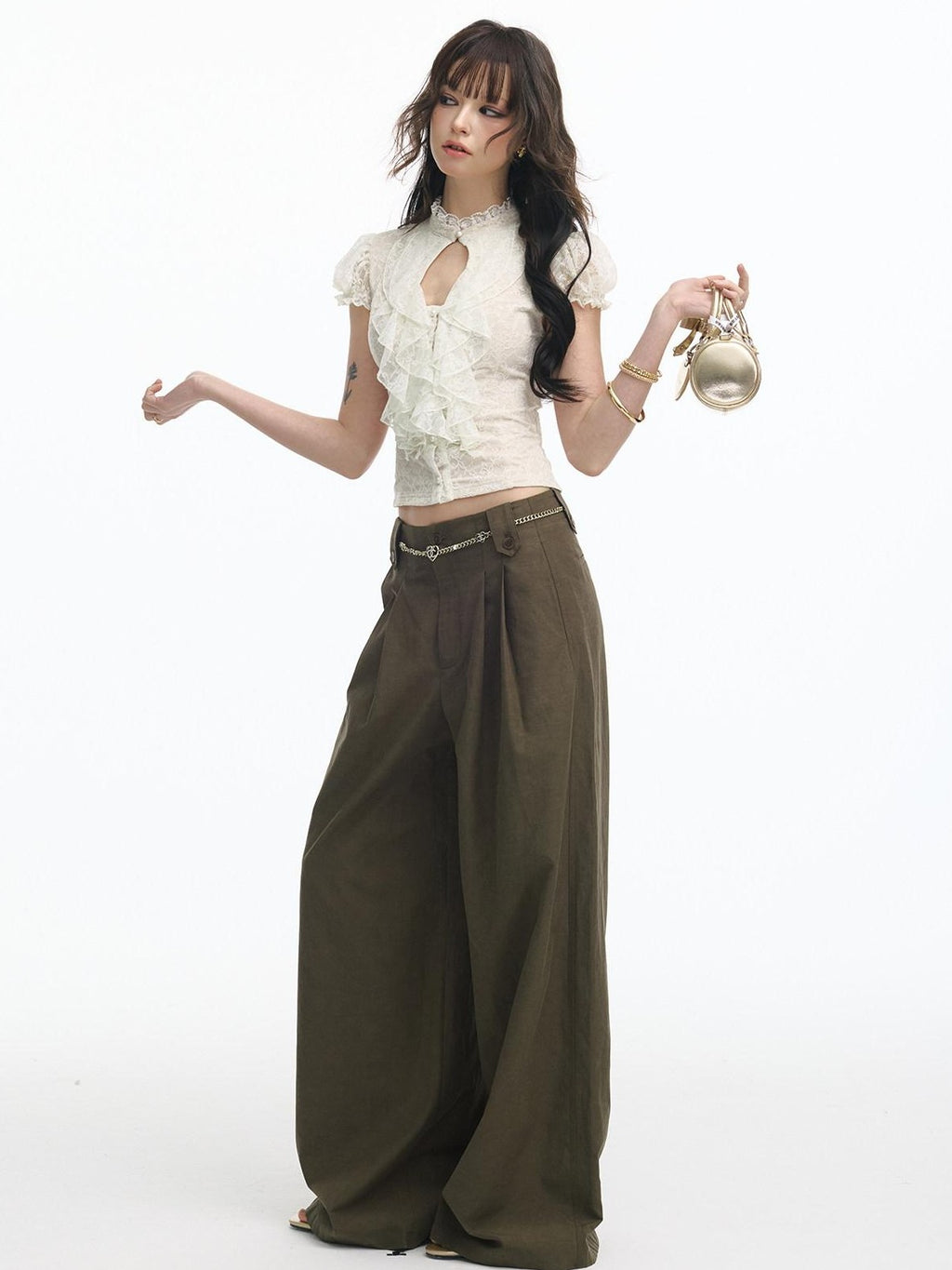 SereneEase Ivory Lace Cutout Ruffle Pleated Stand Collar Women's Slim T-shirts