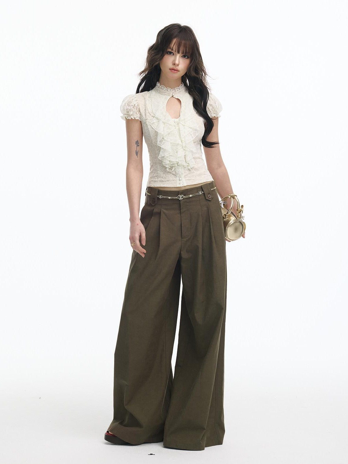 SereneEase Ivory Lace Cutout Ruffle Pleated Stand Collar Women's Slim T-shirts