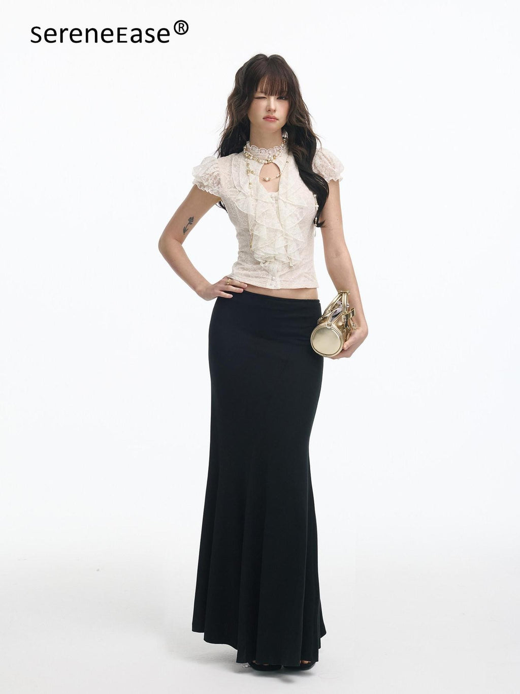 SereneEase Ivory Lace Cutout Ruffle Pleated Stand Collar Women's Slim T-shirts