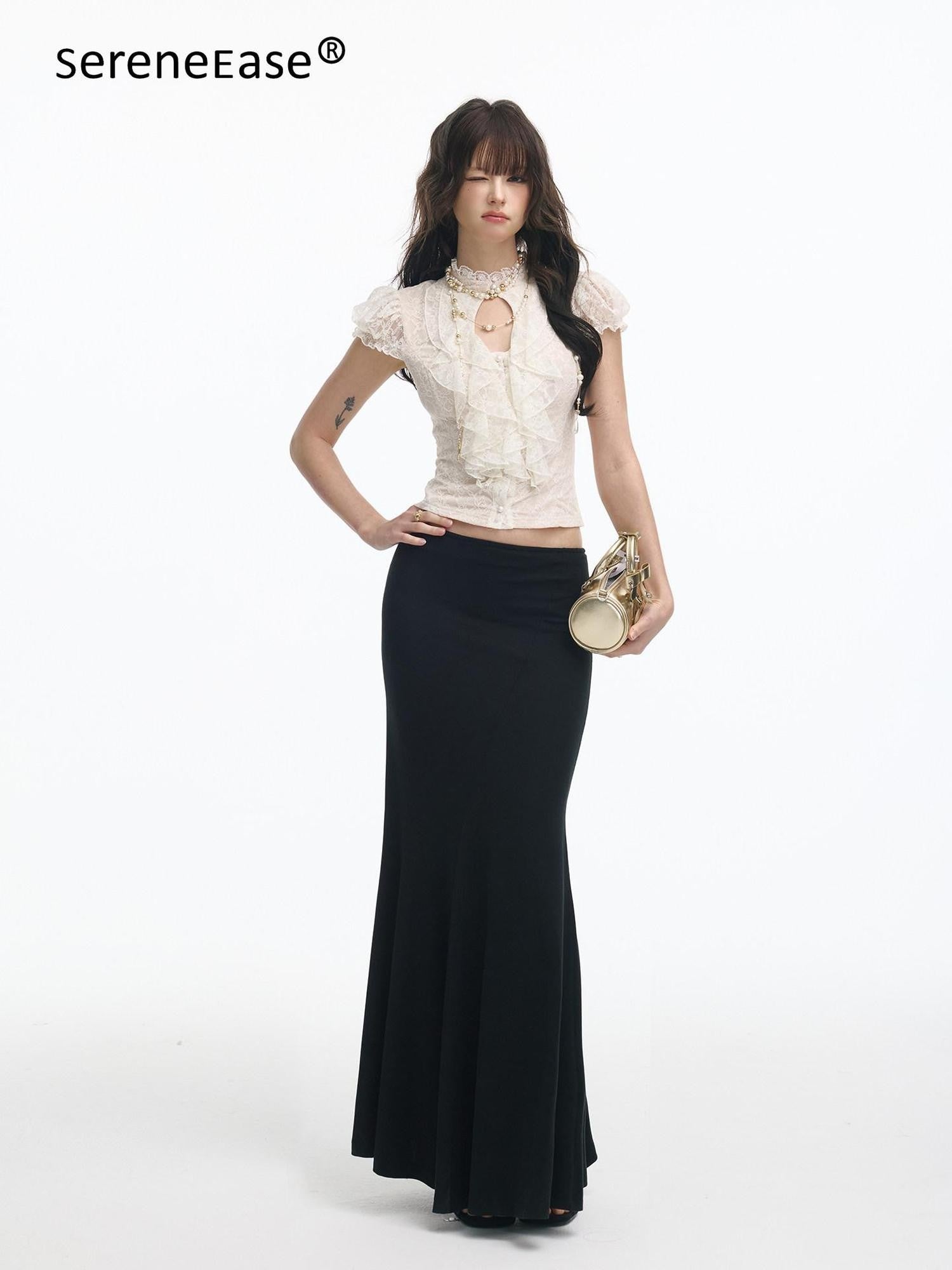 SereneEase Ivory Lace Cutout Ruffle Pleated Stand Collar Women's Slim T-shirts