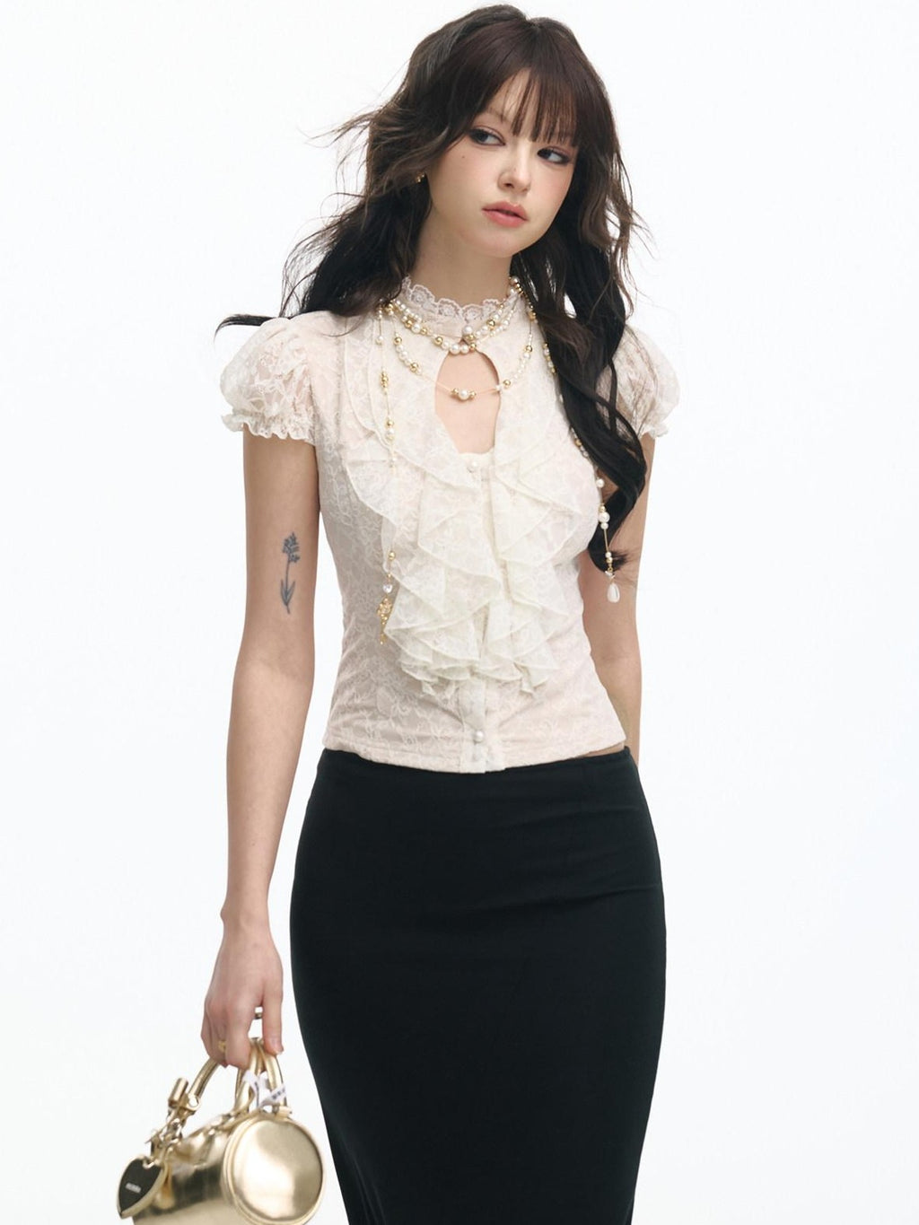 SereneEase Ivory Lace Cutout Ruffle Pleated Stand Collar Women's Slim T-shirts