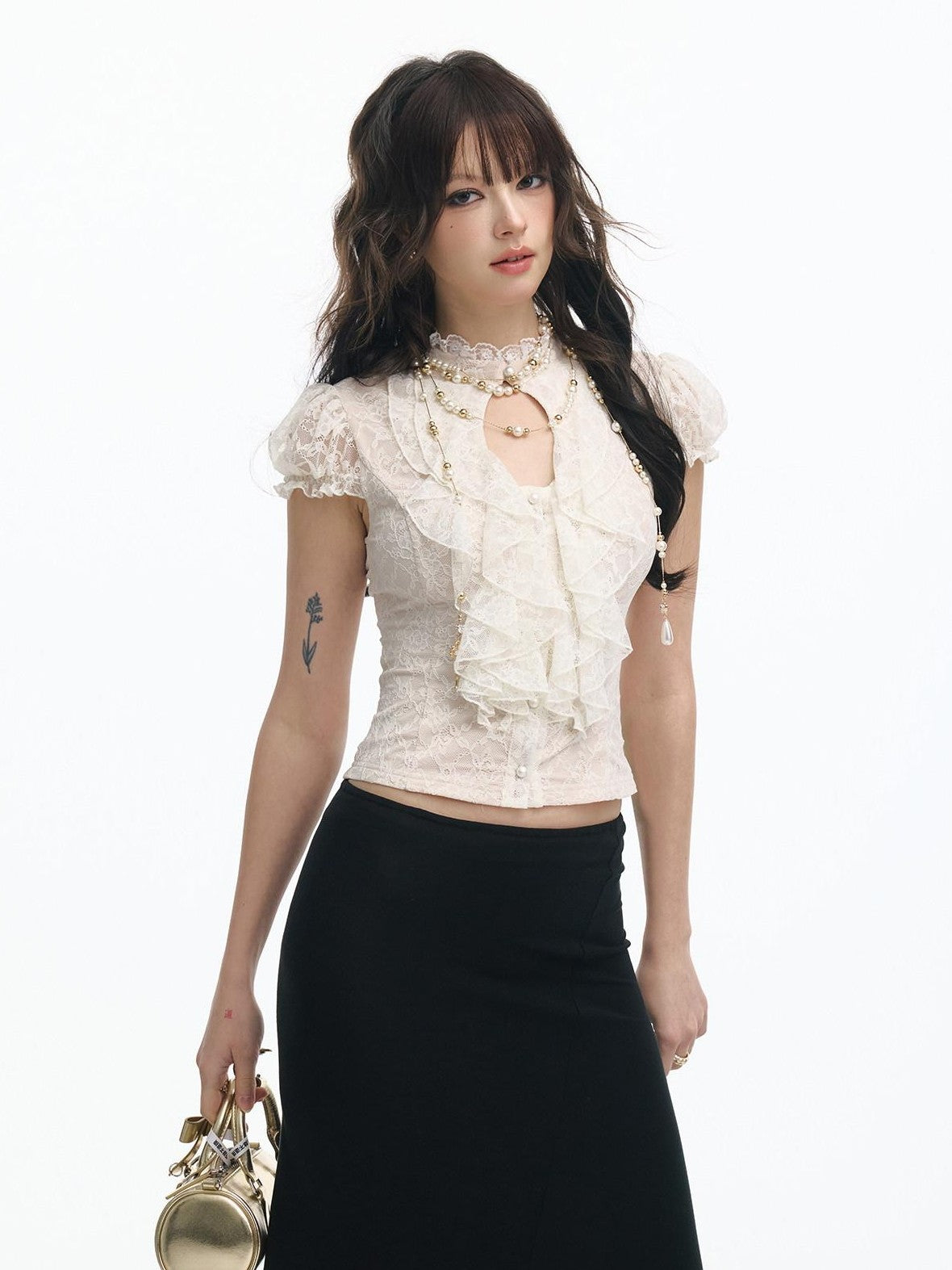 SereneEase Ivory Lace Cutout Ruffle Pleated Stand Collar Women's Slim T-shirts