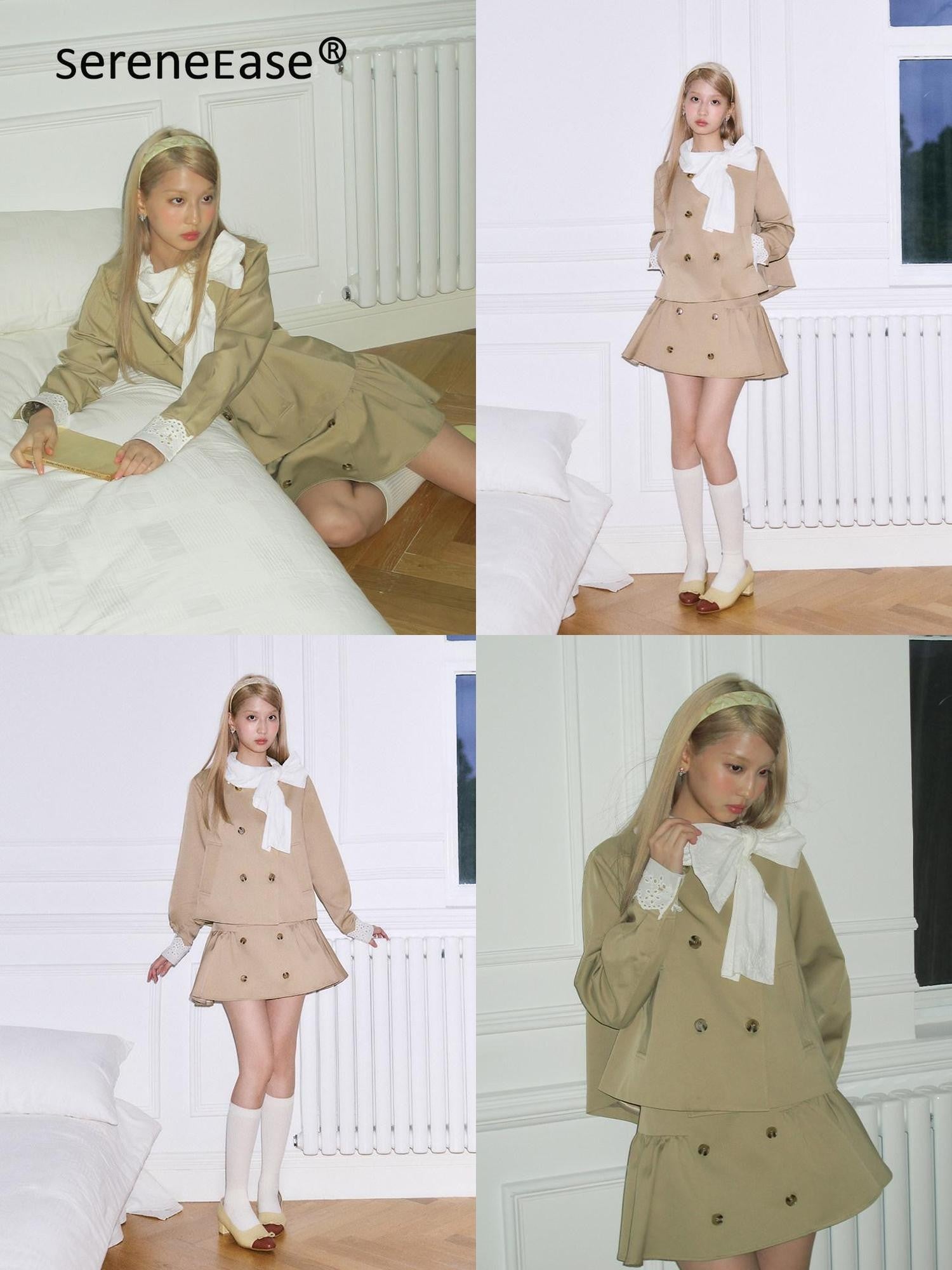 SereneEase Khaki Detachable Bow Trench Jacket Puff Skirt Women's Cotton Matching Skirt Sets