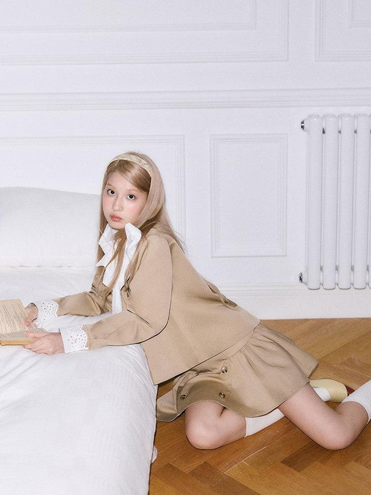 SereneEase Khaki Detachable Bow Trench Jacket Puff Skirt Women's Cotton Matching Skirt Sets