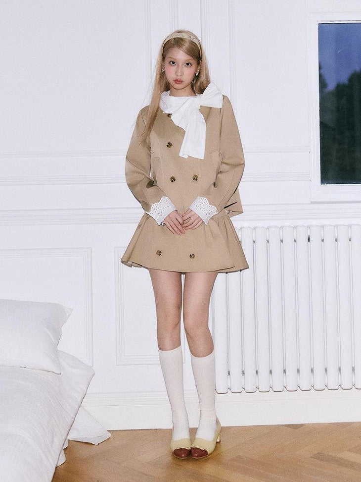 SereneEase Khaki Detachable Bow Trench Jacket Puff Skirt Women's Cotton Matching Skirt Sets