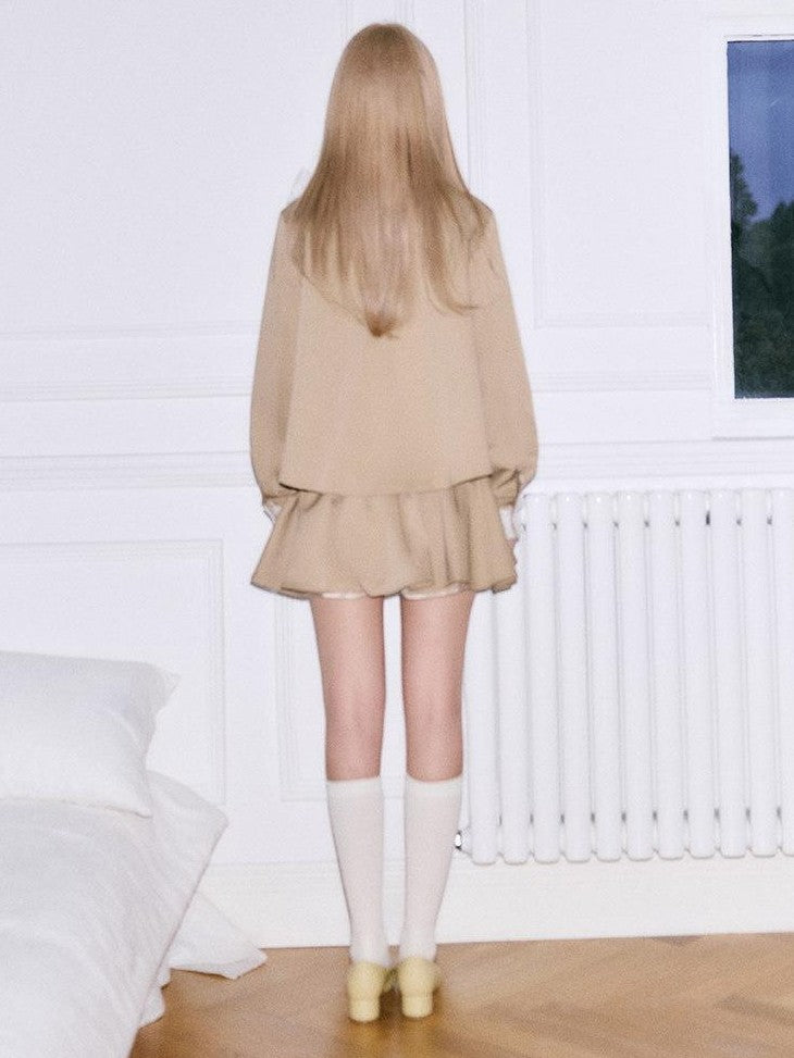 SereneEase Khaki Detachable Bow Trench Jacket Puff Skirt Women's Cotton Matching Skirt Sets