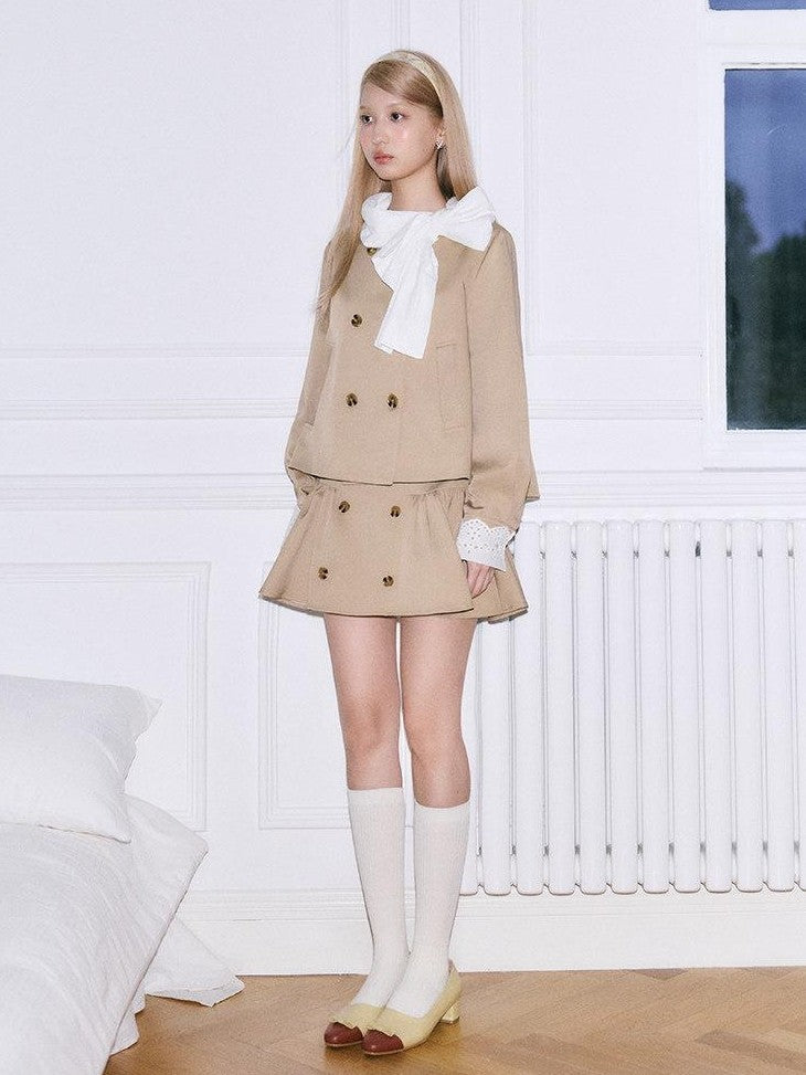 SereneEase Khaki Detachable Bow Trench Jacket Puff Skirt Women's Cotton Matching Skirt Sets