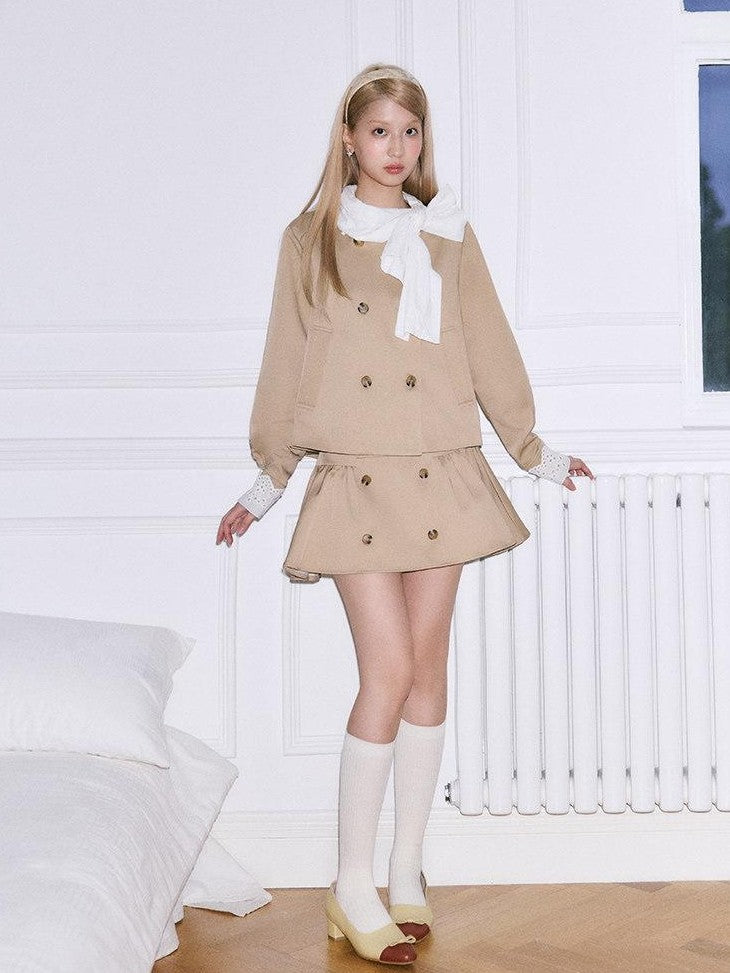 SereneEase Khaki Detachable Bow Trench Jacket Puff Skirt Women's Cotton Matching Skirt Sets