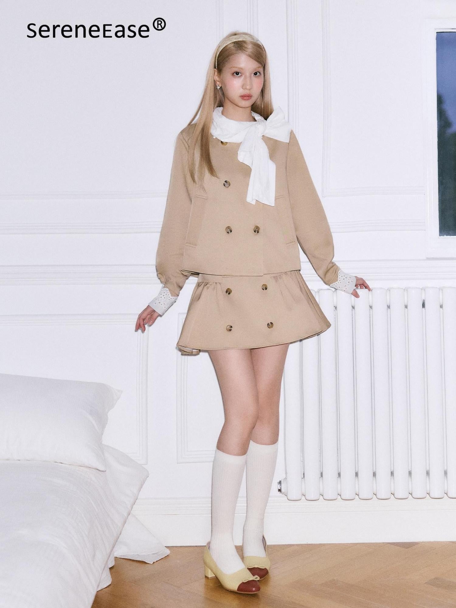 SereneEase Khaki Detachable Bow Trench Jacket Puff Skirt Women's Cotton Matching Skirt Sets