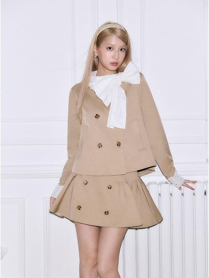 SereneEase Khaki Detachable Bow Trench Jacket Puff Skirt Women's Cotton Matching Skirt Sets