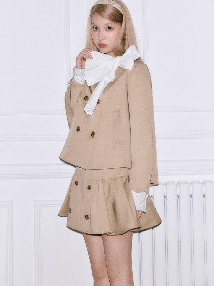 SereneEase Khaki Detachable Bow Trench Jacket Puff Skirt Women's Cotton Matching Skirt Sets