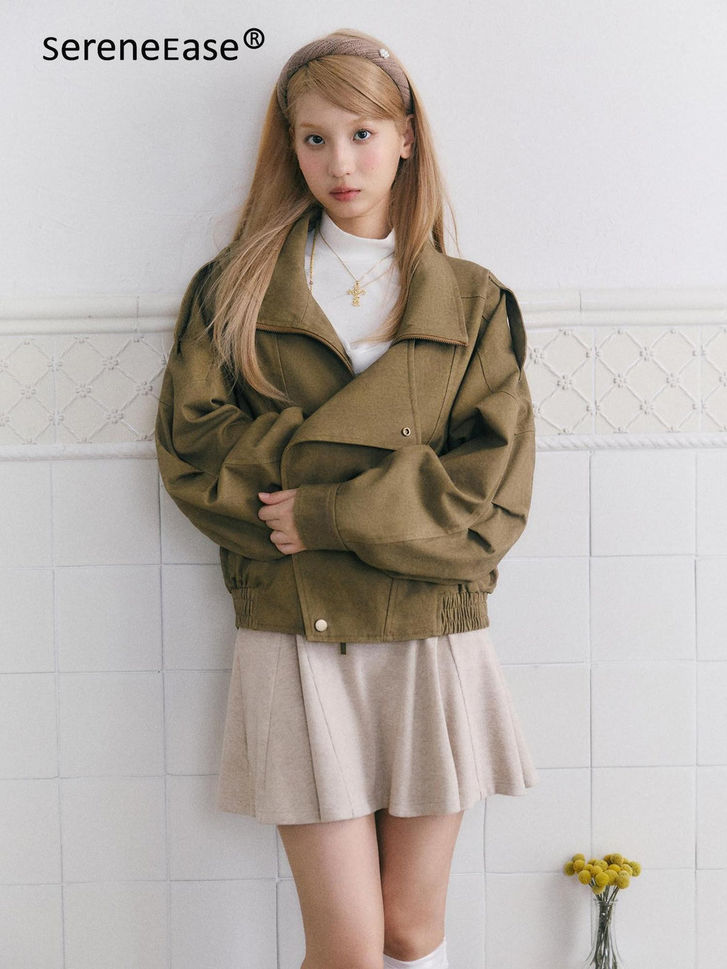 SereneEase Khaki Distressed Plaid Zipper Collar Elastic Hem Women's Utility Jackets