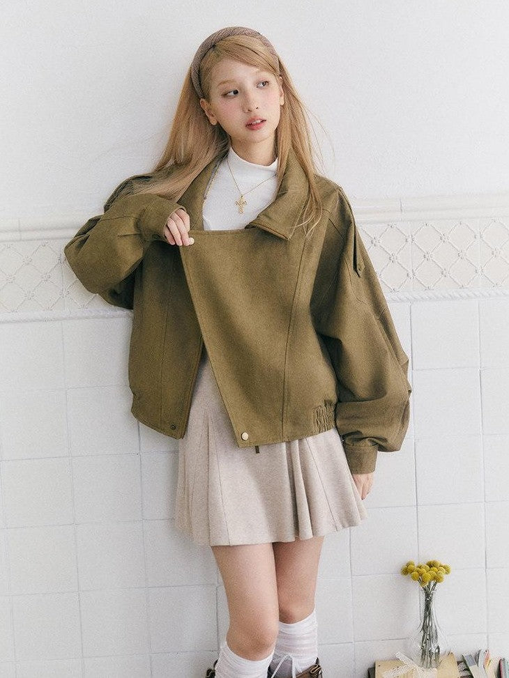 SereneEase Khaki Distressed Plaid Zipper Collar Elastic Hem Women's Utility Jackets