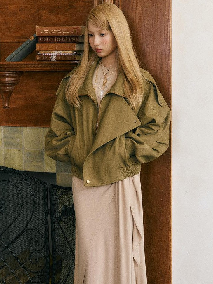 SereneEase Khaki Distressed Plaid Zipper Collar Elastic Hem Women's Utility Jackets