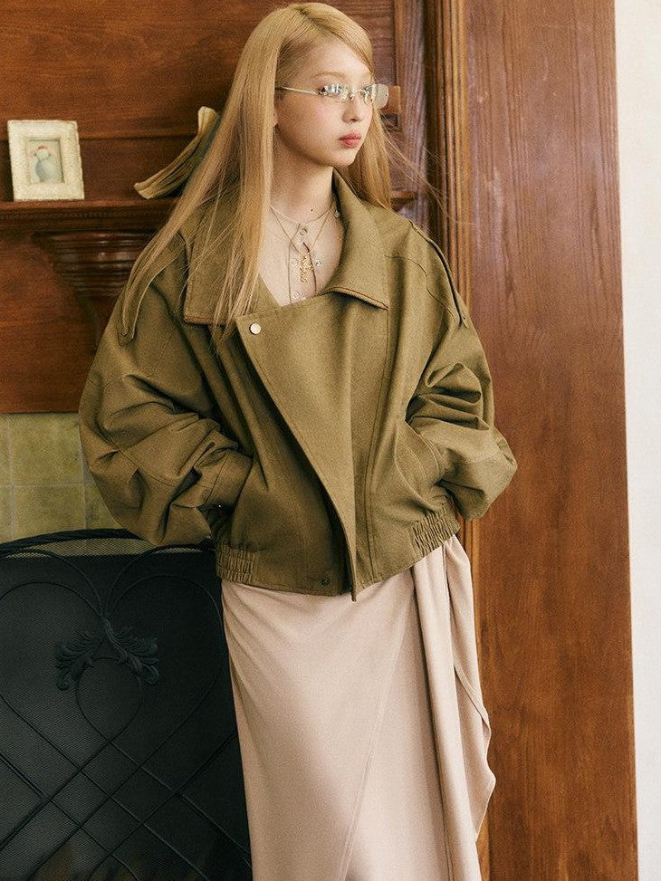 SereneEase Khaki Distressed Plaid Zipper Collar Elastic Hem Women's Utility Jackets