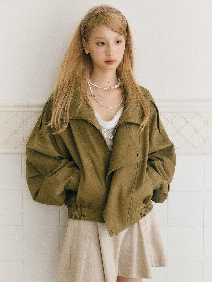 SereneEase Khaki Distressed Plaid Zipper Collar Elastic Hem Women's Utility Jackets