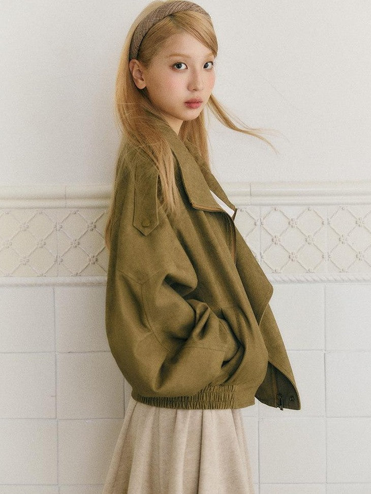 SereneEase Khaki Distressed Plaid Zipper Collar Elastic Hem Women's Utility Jackets