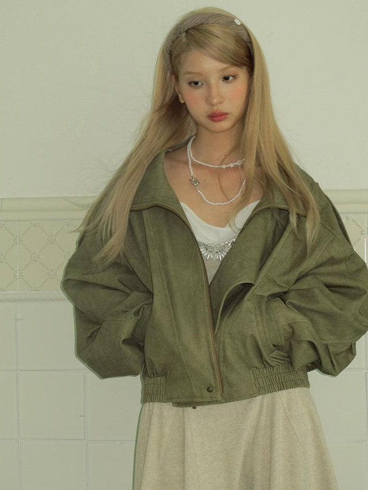 SereneEase Khaki Distressed Plaid Zipper Collar Elastic Hem Women's Utility Jackets