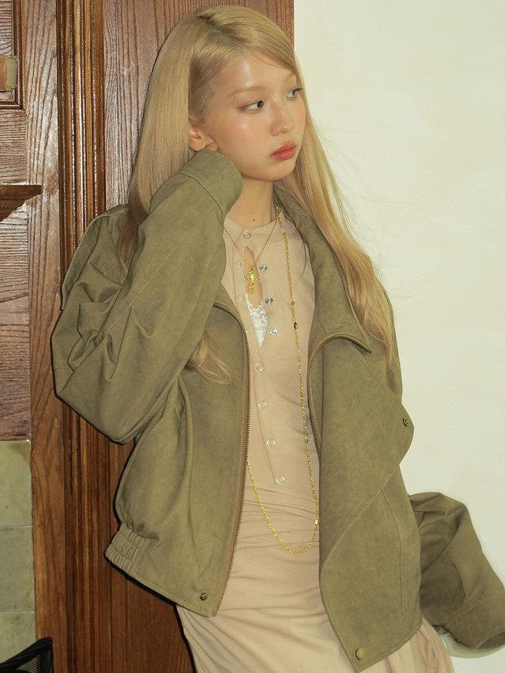SereneEase Khaki Distressed Plaid Zipper Collar Elastic Hem Women's Utility Jackets