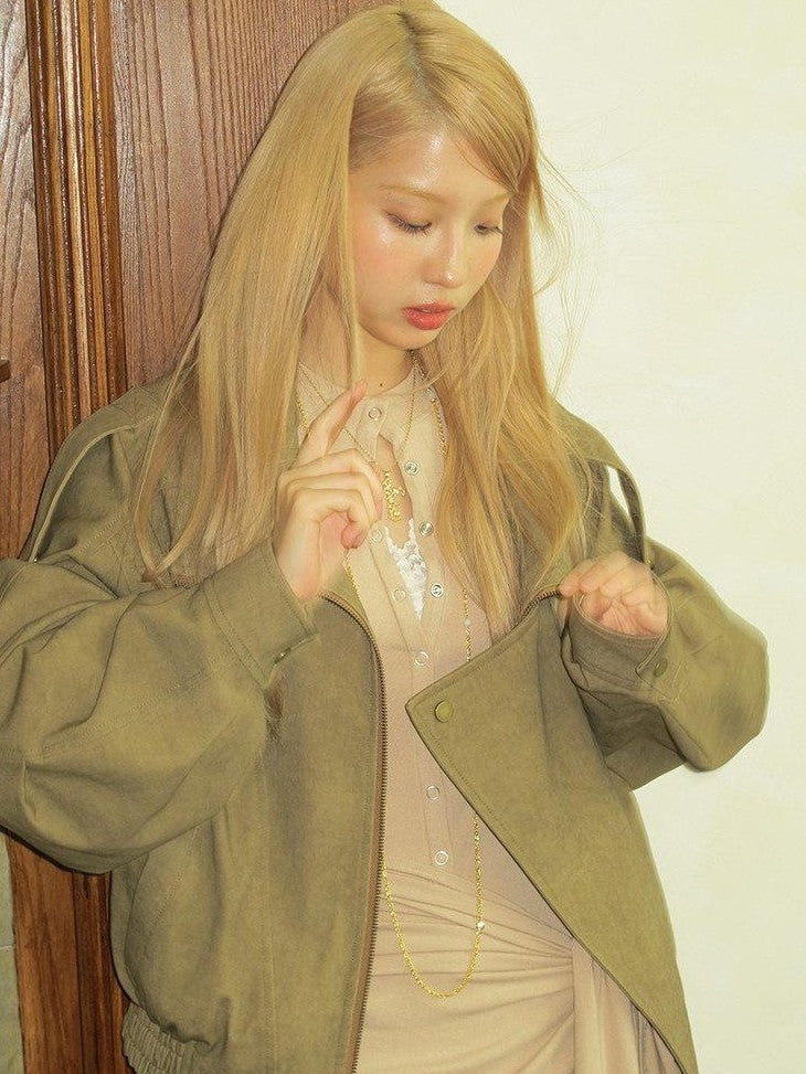SereneEase Khaki Distressed Plaid Zipper Collar Elastic Hem Women's Utility Jackets