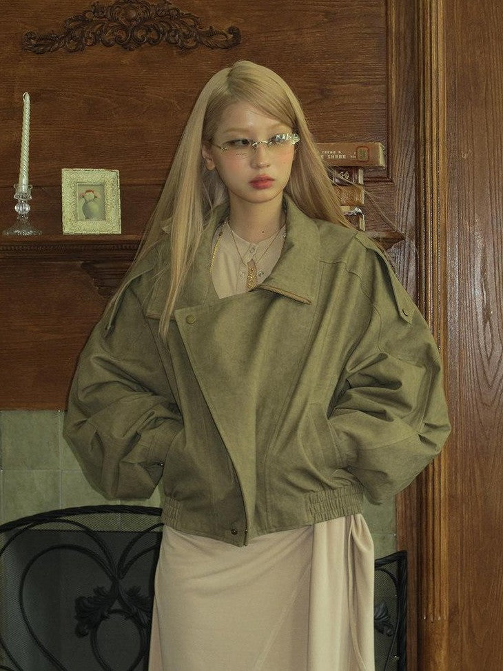 SereneEase Khaki Distressed Plaid Zipper Collar Elastic Hem Women's Utility Jackets