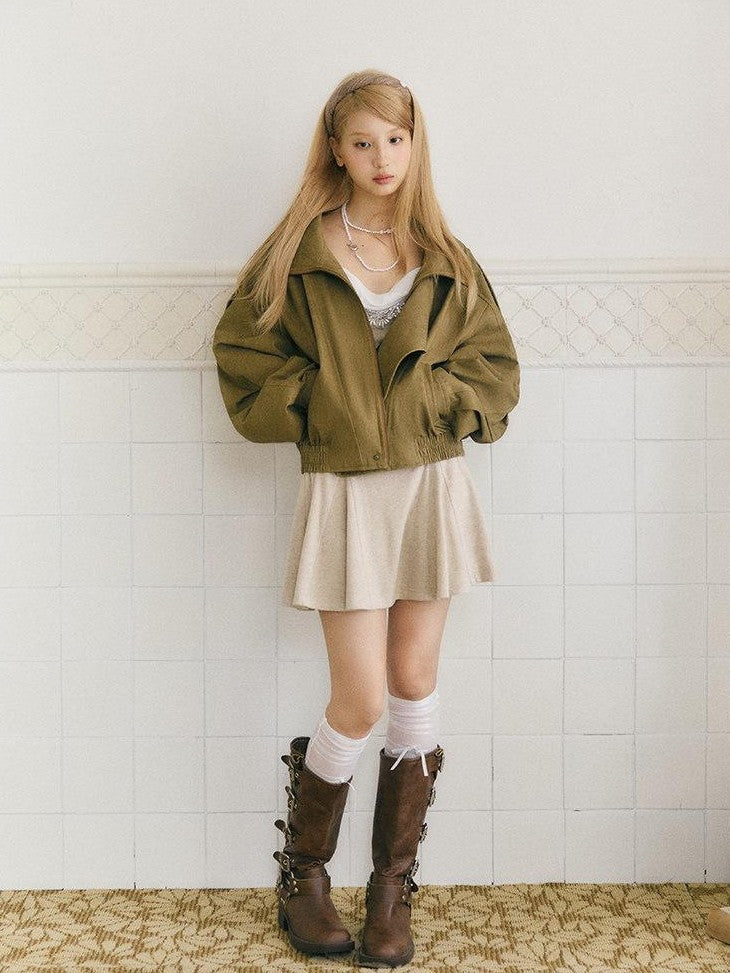 SereneEase Khaki Distressed Plaid Zipper Collar Elastic Hem Women's Utility Jackets