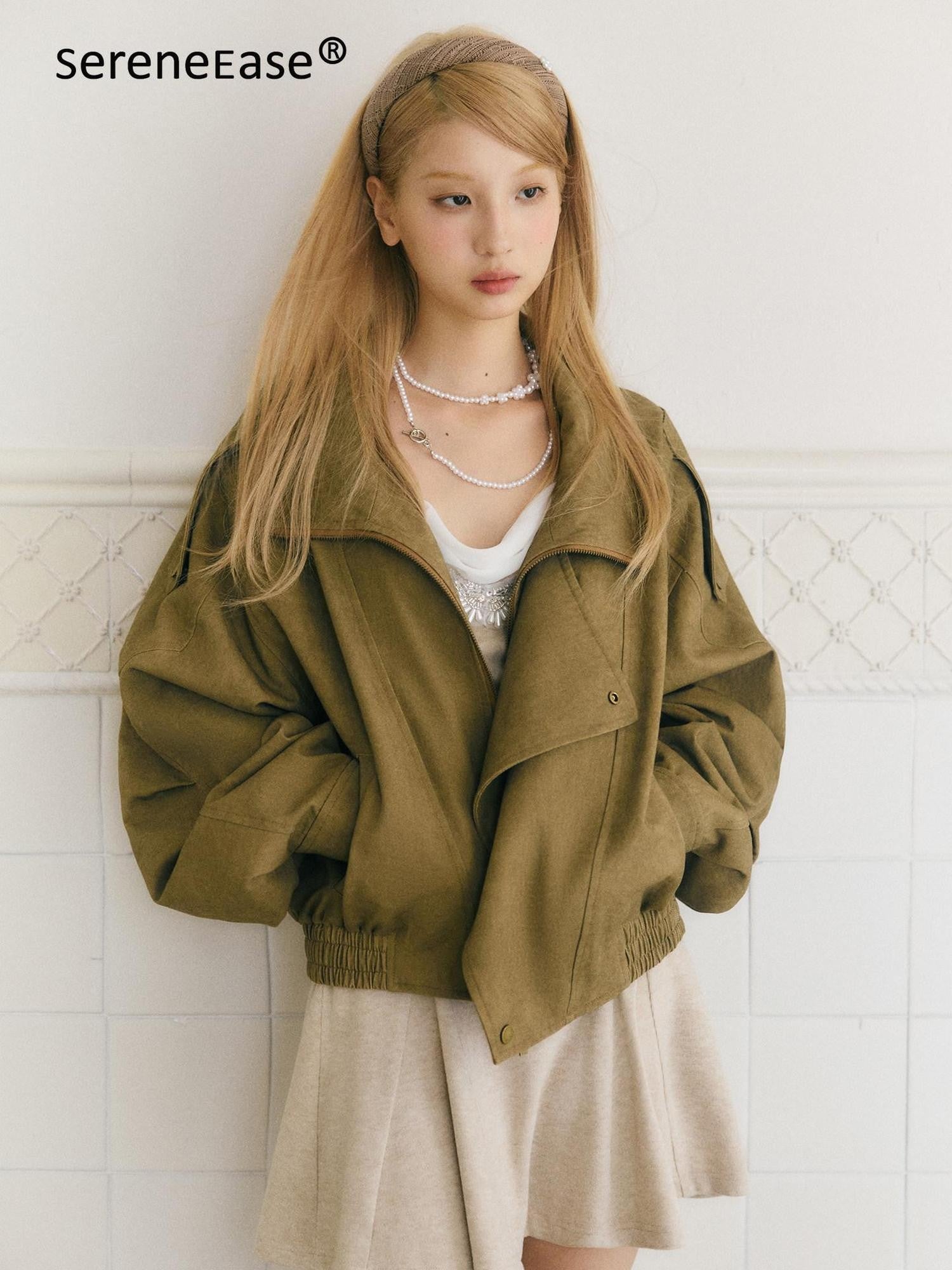 SereneEase Khaki Distressed Plaid Zipper Collar Elastic Hem Women's Utility Jackets