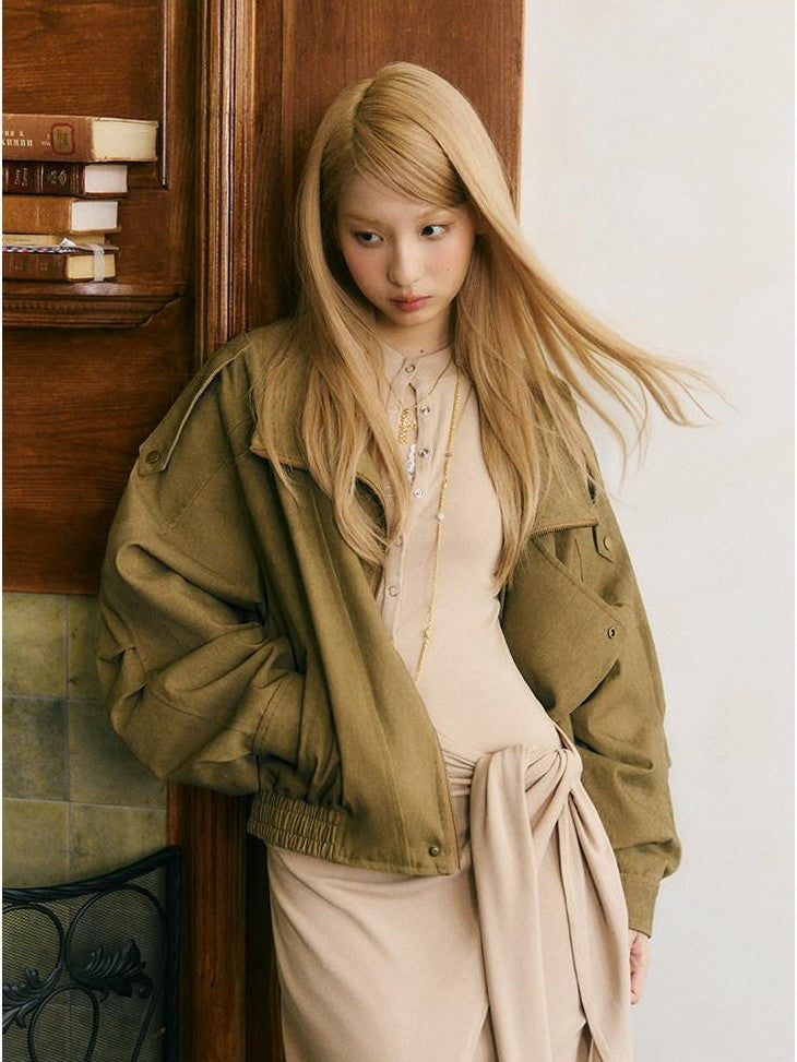 SereneEase Khaki Distressed Plaid Zipper Collar Elastic Hem Women's Utility Jackets