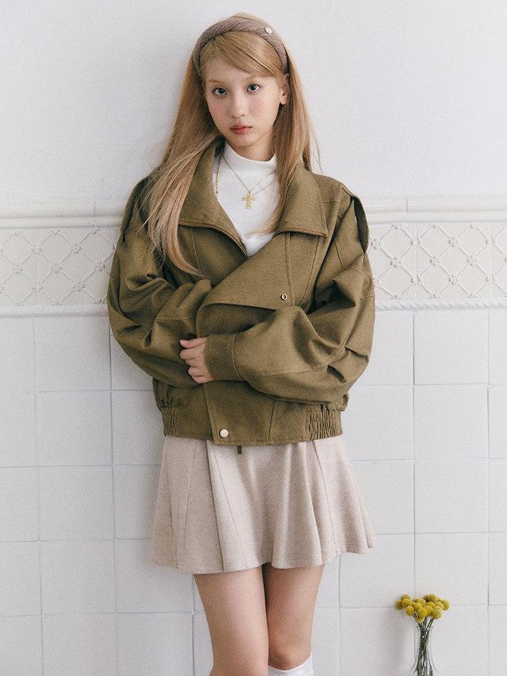 SereneEase Khaki Distressed Plaid Zipper Collar Elastic Hem Women's Utility Jackets