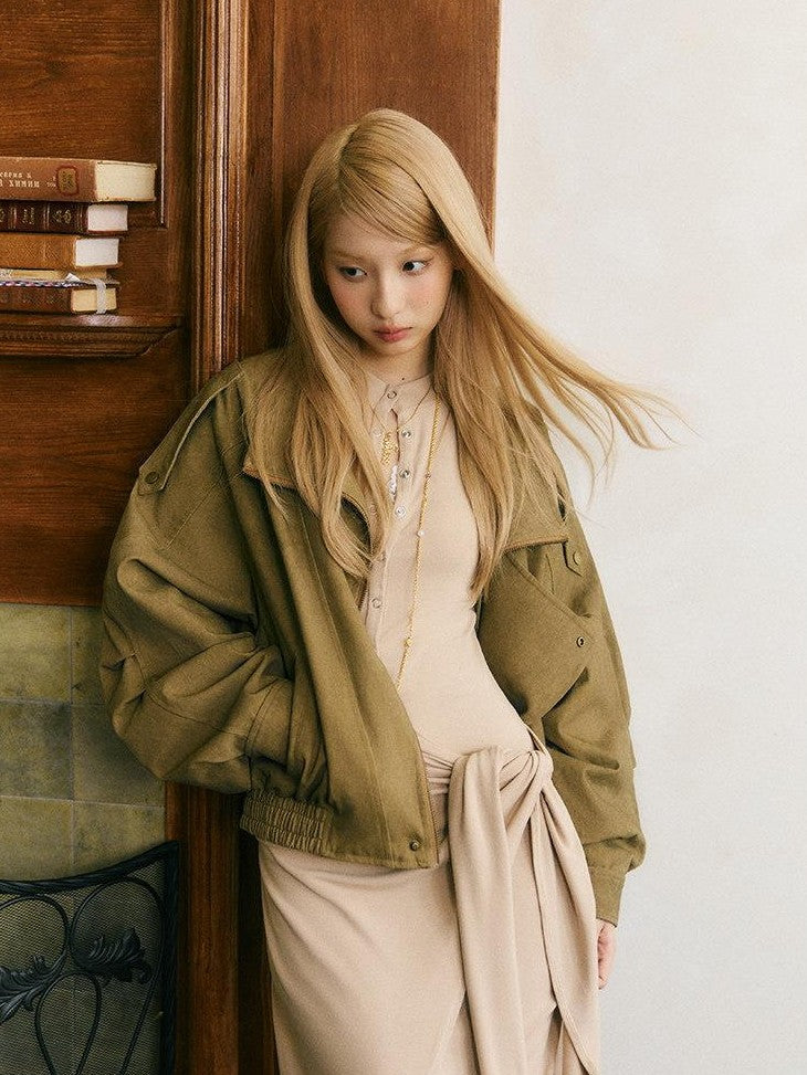 SereneEase Khaki Distressed Plaid Zipper Collar Elastic Hem Women's Utility Jackets