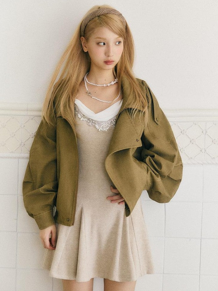 SereneEase Khaki Distressed Plaid Zipper Collar Elastic Hem Women's Utility Jackets