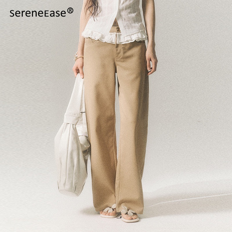 SereneEase_Khaki_Lace_Waistband_Tailored_Curved_Cut_Women's_Polyester_Blend_Wide-leg_Pants_918306983009_MISSTT