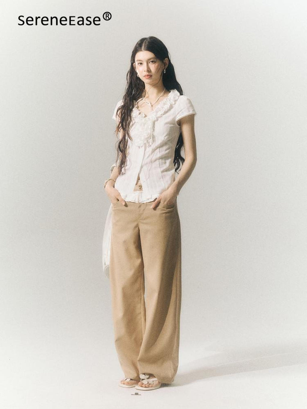 SereneEase Khaki Lace Waistband Tailored Curved Cut Women's Polyester Blend Wide-leg Pants