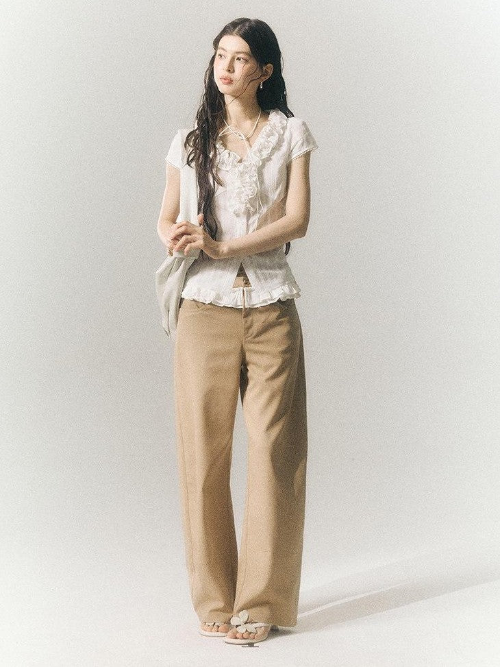 SereneEase Khaki Lace Waistband Tailored Curved Cut Women's Polyester Blend Wide-leg Pants
