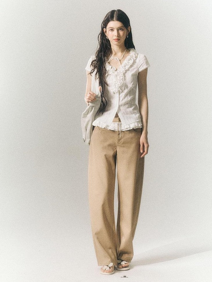SereneEase Khaki Lace Waistband Tailored Curved Cut Women's Polyester Blend Wide-leg Pants