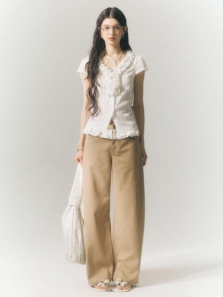 SereneEase Khaki Lace Waistband Tailored Curved Cut Women's Polyester Blend Wide-leg Pants