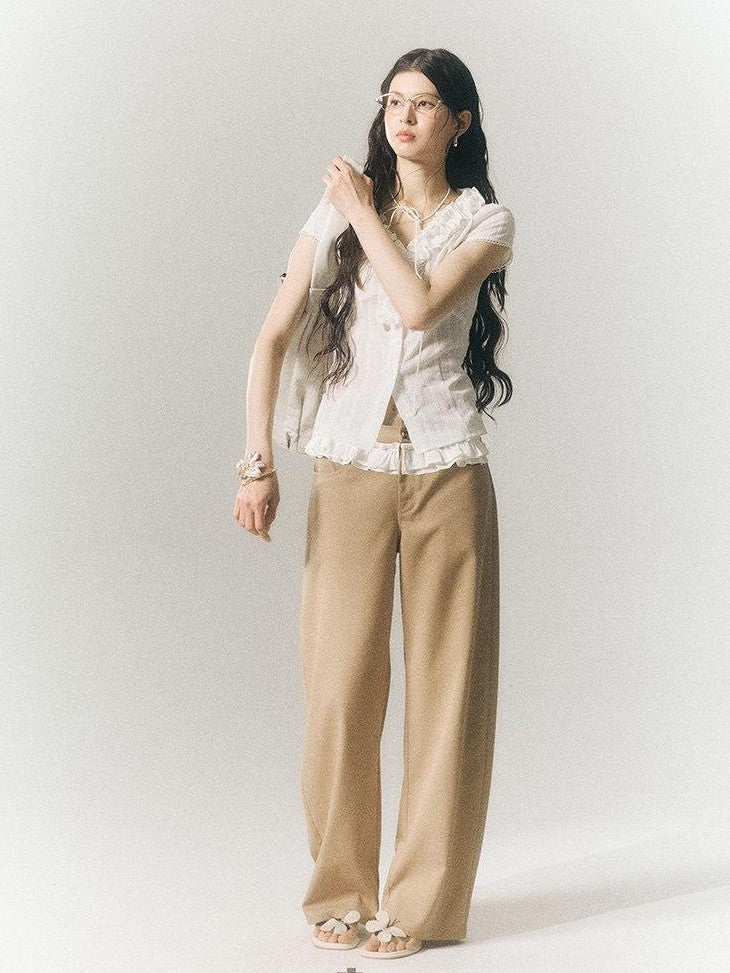 SereneEase Khaki Lace Waistband Tailored Curved Cut Women's Polyester Blend Wide-leg Pants