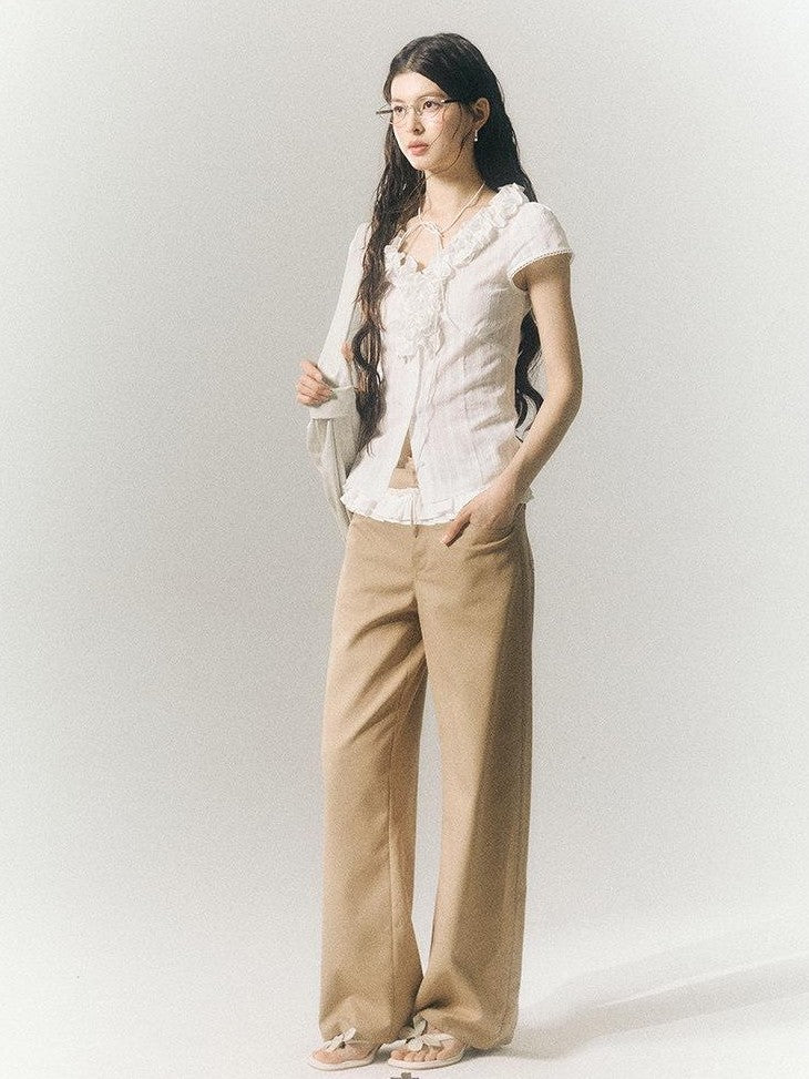 SereneEase Khaki Lace Waistband Tailored Curved Cut Women's Polyester Blend Wide-leg Pants