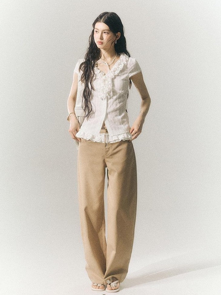 SereneEase Khaki Lace Waistband Tailored Curved Cut Women's Polyester Blend Wide-leg Pants