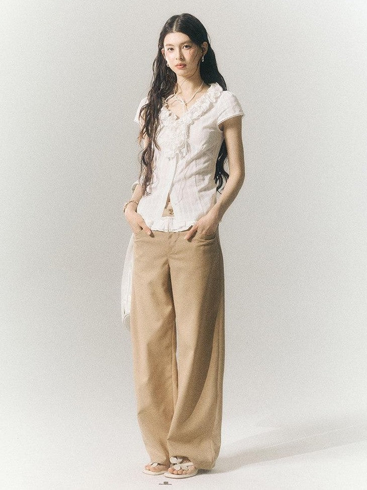 SereneEase Khaki Lace Waistband Tailored Curved Cut Women's Polyester Blend Wide-leg Pants