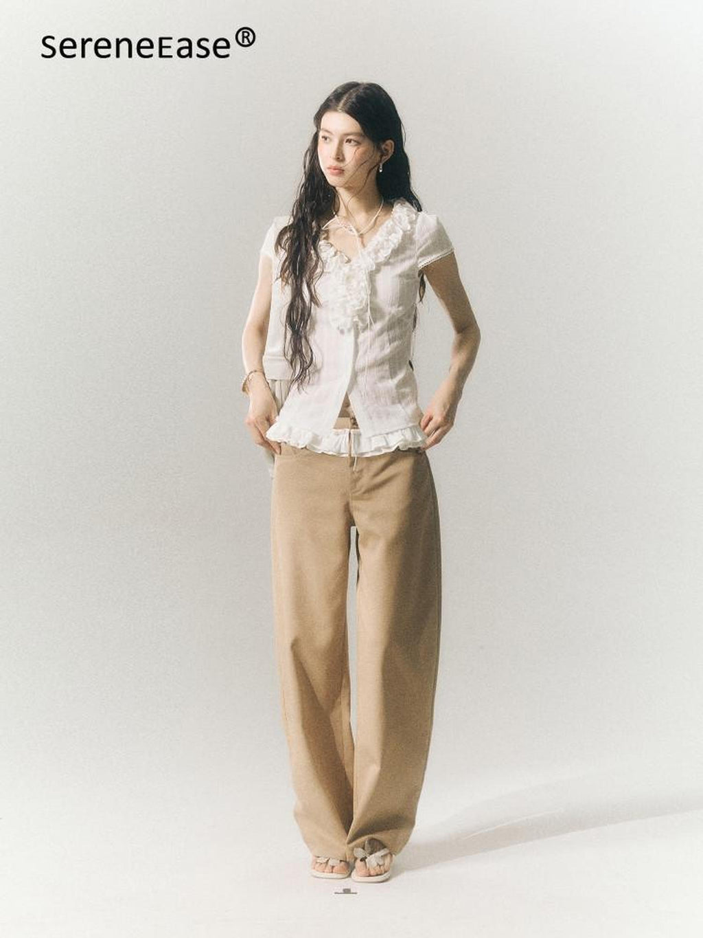 SereneEase Khaki Lace Waistband Tailored Curved Cut Women's Polyester Blend Wide-leg Pants