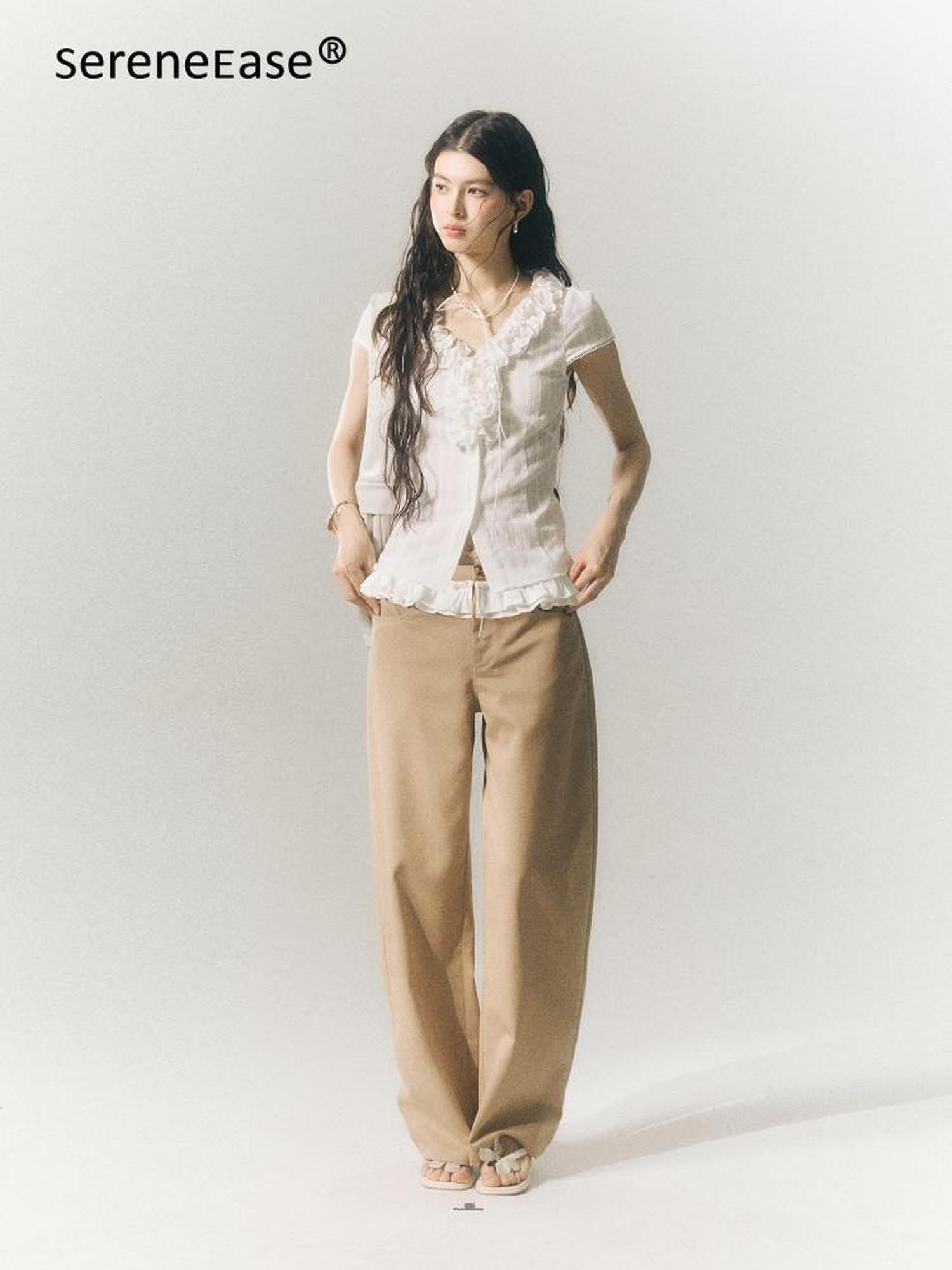SereneEase Khaki Lace Waistband Tailored Curved Cut Women's Polyester Blend Wide-leg Pants