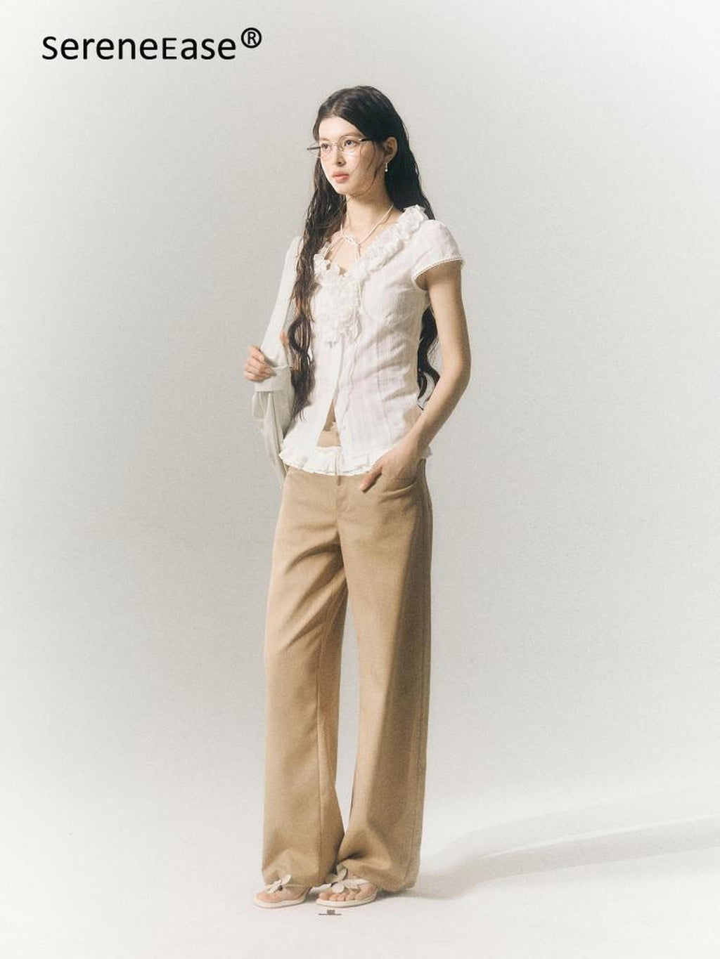 SereneEase Khaki Lace Waistband Tailored Curved Cut Women's Polyester Blend Wide-leg Pants