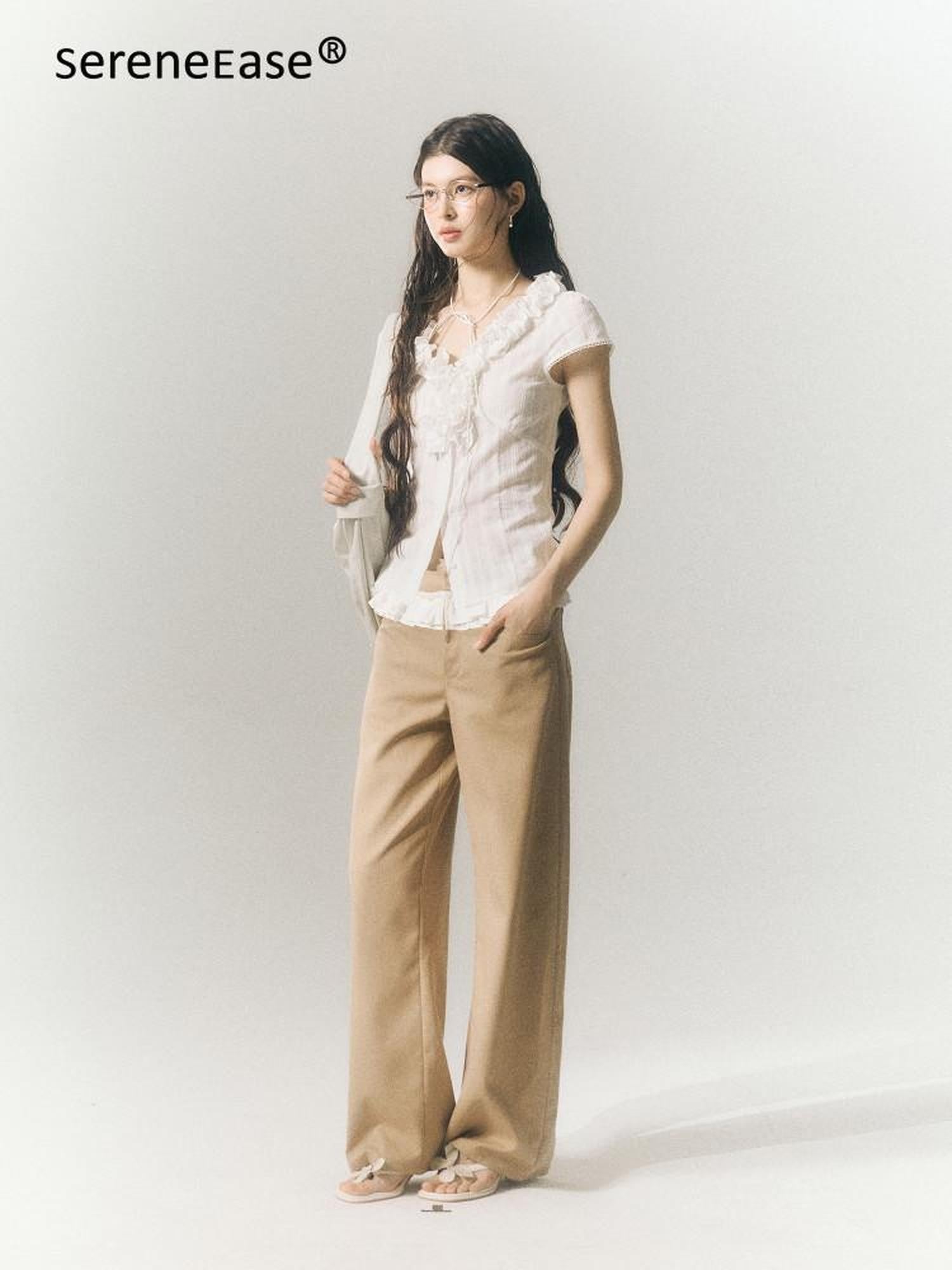 SereneEase Khaki Lace Waistband Tailored Curved Cut Women's Polyester Blend Wide-leg Pants