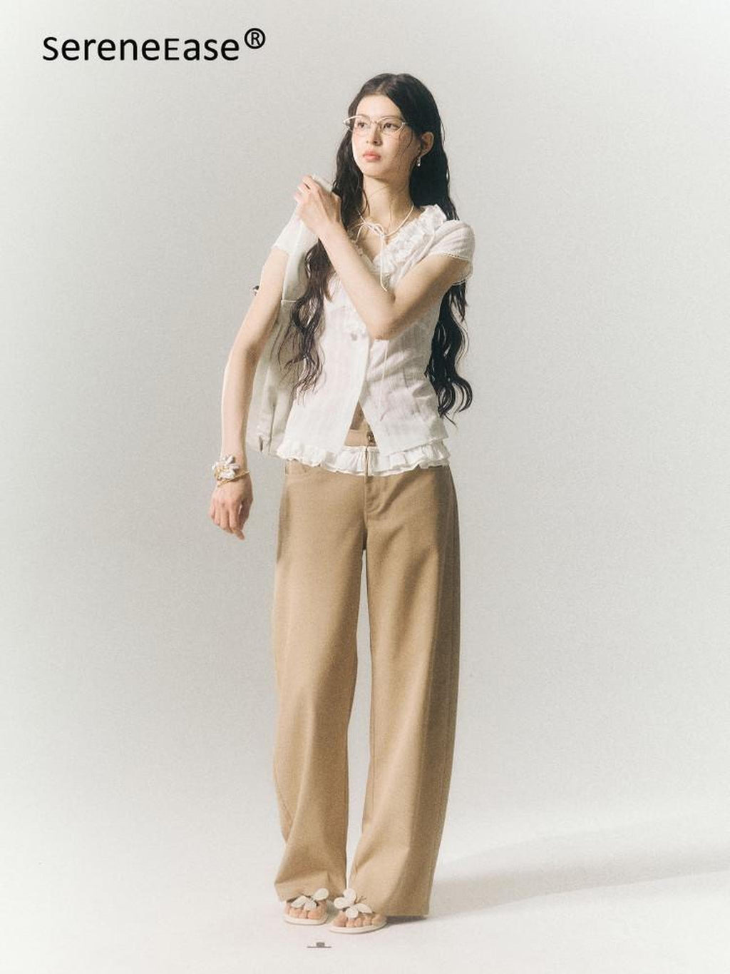 SereneEase Khaki Lace Waistband Tailored Curved Cut Women's Polyester Blend Wide-leg Pants