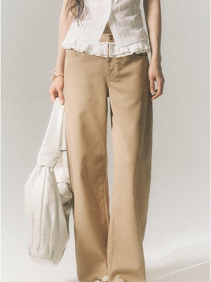 SereneEase Khaki Lace Waistband Tailored Curved Cut Women's Polyester Blend Wide-leg Pants