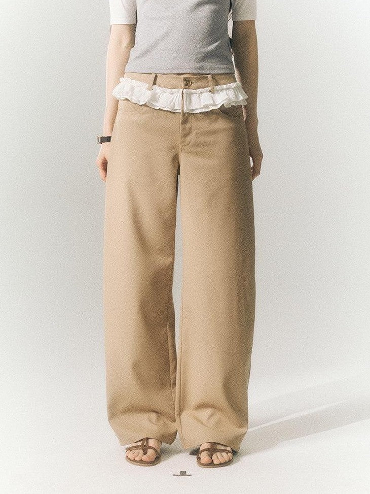 SereneEase Khaki Lace Waistband Tailored Curved Cut Women's Polyester Blend Wide-leg Pants